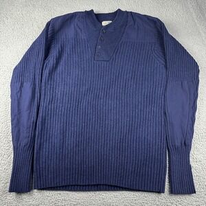 LL Bean Sweater Mens Large Tall Blue Merino Wool Cotton Rib Knit Henley Pullover